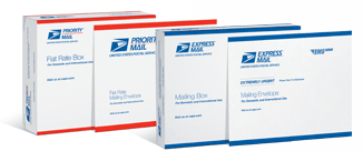Express Mail 以及 Priority Mail 包装盒和信封的图像