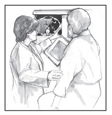 Drawing of a female doctor directing a female patient to look at a specific detail in an x ray displayed on the wall.