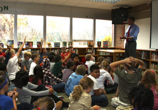 Paulsen visits with students at Highlands Elementary School in Edina