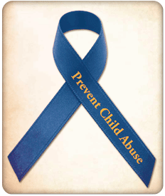 Photo of a blue ribbon with the words Prevent Child Abuse in yellow