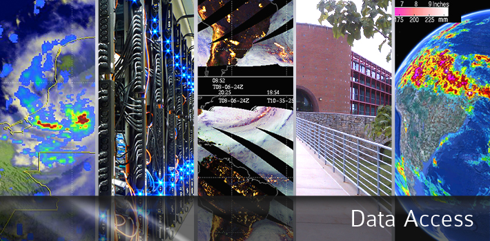 Data access banner depicting from left to right - radar image of a hurricane, a room full of servers, quicklooks data image, a picture of the PPS building, and a screenshot of TRMM data on Google Earth