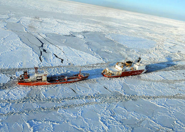 The Coast Guard Cutter Healy escorts the Russian-flagged tanker vessel Renda 250 miles south of Nome, Alaska.