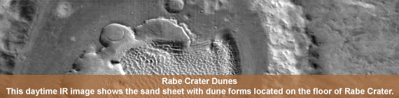 Rabe Crater Dunes - This daytime IR image shows the sand sheet with dune forms located on the floor of Rabe Crater.