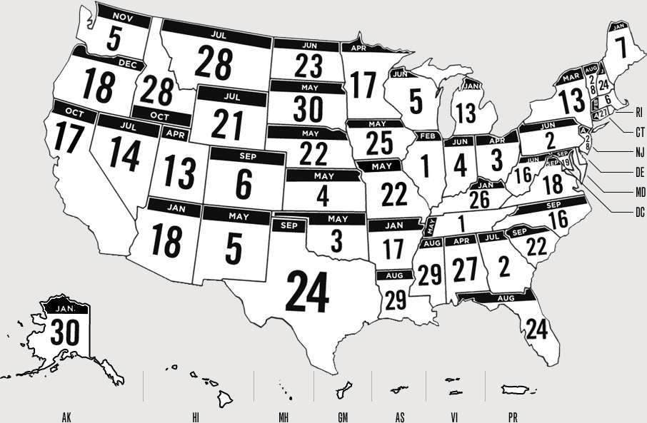US Map with Day of Disaster Dates