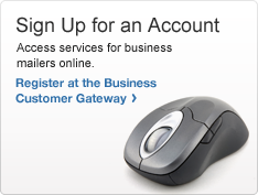 登记账户。在线访问商业寄件人服务。一个计算机鼠标的图片。在商业客户通道注册 >