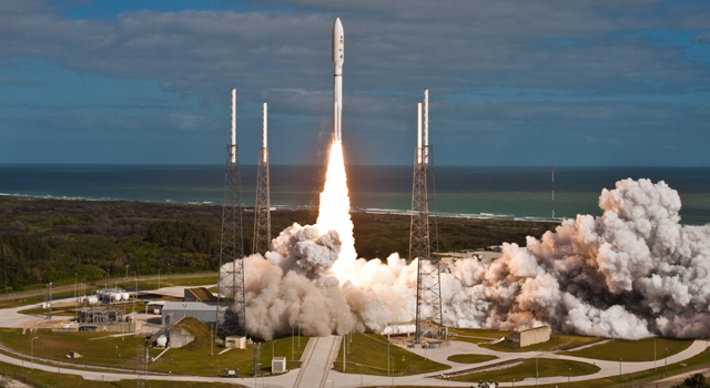 NASA's Mars Science Laboratory spacecraft, sealed inside its payload fairing atop the United Launch Alliance Atlas V rocket