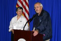 Secretary Janet Napolitano and FEMA Administrator Craig Fugate answer questions from members of the media as part of a tour of hurricane response and recovery centers in Florida. Photo: Greig Powers/FEMA.