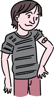 Cartoon of boy looking at a Band-Aid on his vaccinated arm.