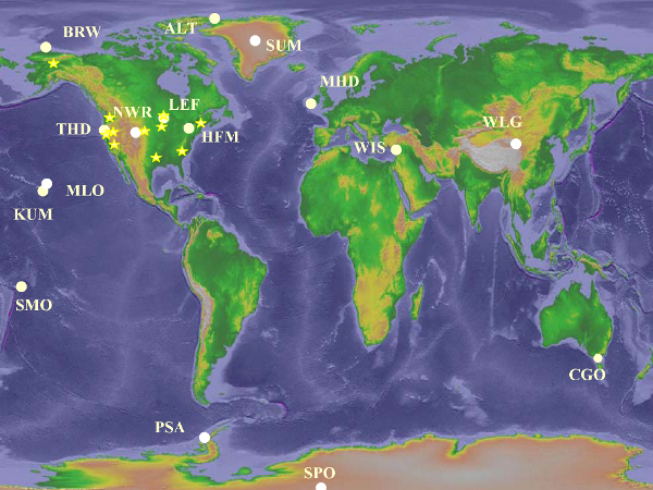Locations across Earth's surface where regular measurements are taken