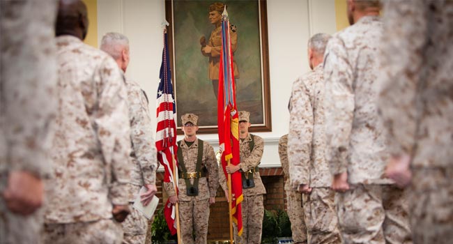 U.S. Marine Corps and Navy senior leadership take part in the deactivation ceremony for II Marine Expeditionary Force (MEF) (Forward), April 18, 20112, at Marine Corps Base Camp Lejeune, N.C. The ceremony officially marked the end of II MEF's (Forward) service after the unit's year-long deployment to Afghanistan, during which time it served as the headquarters element of NATO's Regional Command Southwest. (DoD photo by Cpl. James Clark, U.S. Marine Corps/Released)