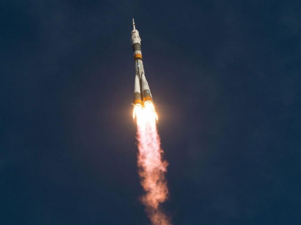 The Soyuz rocket, carrying ISS Expedition 33 crew members, launches to the International Space Station from the Baikonur Cosmodrome in Kazakhstan on Tuesday 10-23-12.  (Photo: NASA/Bill Ingalls)