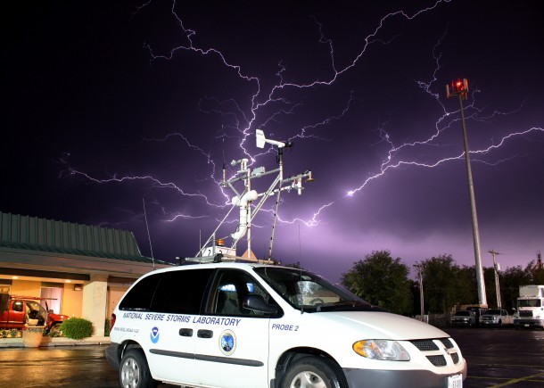 A cluster of lightning over the US National Severe Storms Lab Probe #2 minivan that measures weather statistics as it travels through storms.  (Photo: NOAA)