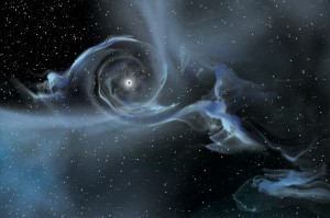 An artist's drawing shows a large black hole pulling gas away from a nearby star. (Image: NASA)