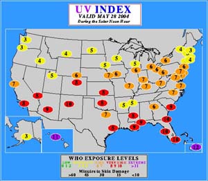 NOAA image of NOAA UV Index forecast map for May 28, 2004.