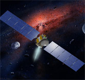 Artisit rendering of Dawn spacecraft leaving Earth's orbit 