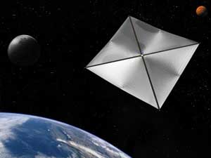 Artwork showing a four-section square solar sail in space near earth.