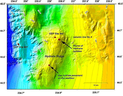 Map showing ongoing areas of study in the Hydrate Ridge region