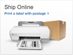 Ship Online. Print a label with postage. Image of a printer with shipping label and box.