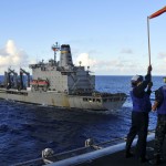 PHILLIPINE SEA (Aug. 24, 2012) Quartermaster 2nd Class Kenetria Benton, from Longview, Texas, left, waves a guide flag on the flight deck aboard the aircraft carrier USS George Washington (CVN 73) before a replenishment at sea with the Military Sealift Command fleet replenishment oiler USNS Tippecanoe (T-AO 199). George Washington took on hundreds of pallets of supplies and thousands of gallons of fuel, allowing the carrier to continue its patrol and maintain mission readiness.  (U.S. Navy photo by Mass Communication Specialist Seaman Apprentice Brian H. Abel/Released)