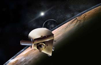 Ilustración artística de la nave espacial Nuevos Horizontes en el sistema de Plutón-Caronte.