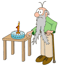 Un anciano con barba gris y larga sopla la única vela en su primer pastel de cumpleaños.