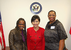 Rep. Judy Chu smiles with constituents at her District Office opening in El Monte (December 18, 2009).