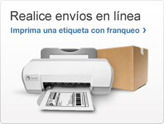 Realice envíos en línea. Imprima una etiqueta con franqueo. Imagen de una impresora con una etiqueta de envío y una caja.