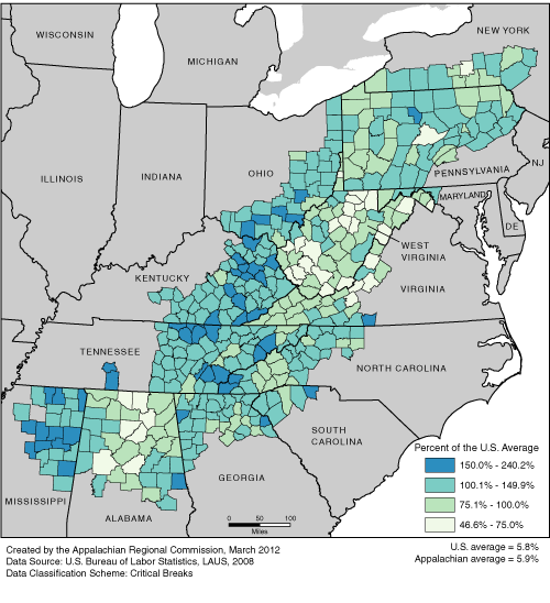 This map shows the unemployment rate in each of the ARC counties, as a percentage of the U.S. average. The Appalachian rates range from 46.6 to 240.2% of the U.S. average. The U.S. average is 5.8%. The Appalachian average is 5.9%. For a list of county data by state, see the downloadable Excel file.