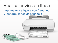 Realice envíos en línea. Imprima una etiqueta con franqueo y los formularios de aduana. Imagen de una impresora con una etiqueta de envío y formularios de aduana.
