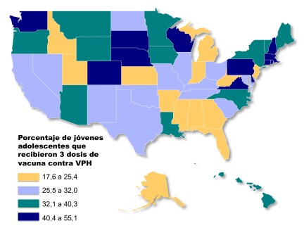 Mapa de porcentaje de jovenes adolescentes que recibieron 3 dosis de vacuna contra VPH