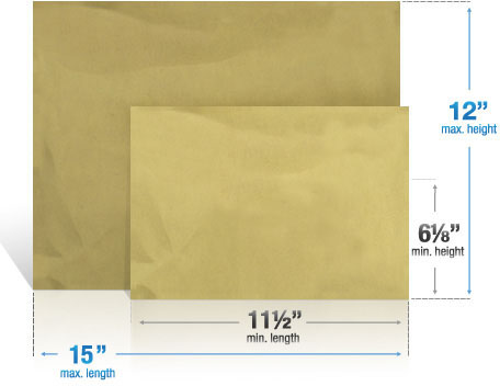 Se muestran dos sobres que representan los tamaños máximo y mínimo permitidos. A continuación se indican el ancho y el alto mínimo y máximo.