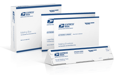 Express Mail® 邮寄包装盒、法定尺寸信封、邮寄信封及小号包装纸管的图片。