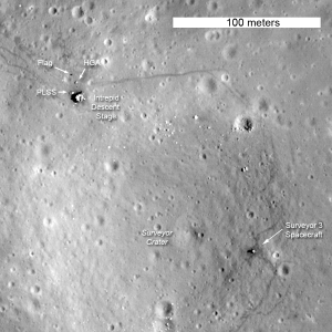 Apollo 12 landing site. Notice that the image also includes the Surveyor 3 unmanned spacecraft that landed on the moon April 20, 1967 (Image: NASA/GSFC/Arizona State University)