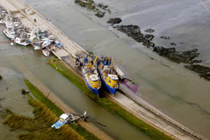 NOAA aerial image of south Plaquemines Parish, La., near Empire, Buras and Boothville where Hurricane Katrina made landfall on Aug. 29, 2005, at approximately 7:10 a.m. EDT.