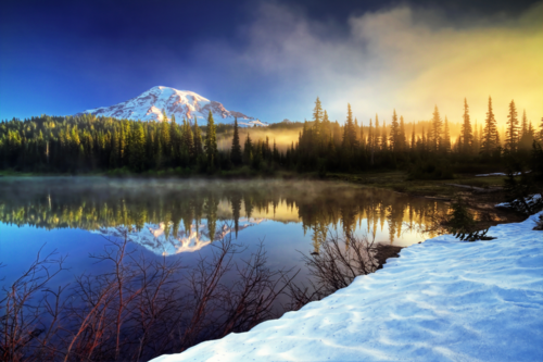 Soaring 14,410 feet into the sky, Mount Rainier is the highest peak in the Cascade Range. It dominates the landscape, inspires our imagination, and challenges our senses. This active ice covered volcano is a symbol of the dramatic forces that shape our world. From its old growth forests and subalpine meadows to its glacier-clad peak, Mount Rainier offers many opportunities to explore its natural beauty.Mount Rainier is also rich in cultural history. For thousands of years, tribal groups have gathered here. Designated a national park in 1899, many areas contribute to its National Historic Landmark District status.Photo: William Lee - National Park Service