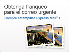Obtenga franqueo para correo urgente Foto de 2 estampillas postales con ilustraciones de un puente, agua y un pájaro volando Compre estampillas Express Mail®>