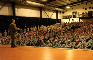 Chief Master Sgt. of the Air Force James A. Roy talks with deployed Airmen during an enlisted call in Southwest Asia.
