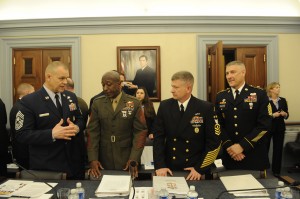 Chief Master Sgt. of the Air Force James A. Roy, far left, speaks to other service's top enlisted leaders, prior to testifying before the House Subcommittee on Military Construction, Veterans Affairs and Related Agencies in Washington, D.C.