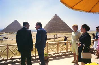 President and Mrs. Nixon tour the Pyramids of Egypt with President and Mrs. Anwar El-Sadat.