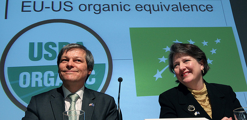 EU Commissioner of Agriculture and Rural Development Dacian Cioloş (left) Agriculture Deputy Secretary Kathleen Merrigan announced that the United States and the European Union formed a partnership that will recognize the two organic programs as equivalent and allow access to each other's markets. The announcement was made at the BioFach World Organic Fair in Nuremberg, Germany on Wednesday, Feb. 15, 2012. Photo courtesy of the European Commission.