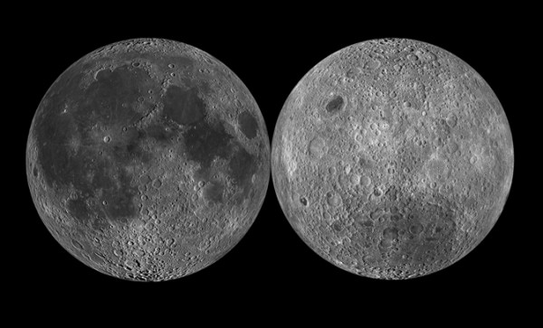 The moon's near side (left) is covered with dark splotches of lunar maria that look like a man's face when seen from Earth. The moon's far side (right), with its many craters and elevated topography, looks quite different. (Photo: NASA)