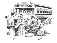 Two men and a woman look over a crash between a car and school bus