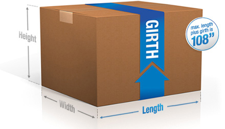 说明最大包裹尺寸的纸板包装盒。单词“长度”标于左前角到左后角。单词“宽度”标于左前角到右前角。单词“高度”标于底部到顶部。单词“周长” 环绕该包裹一周。