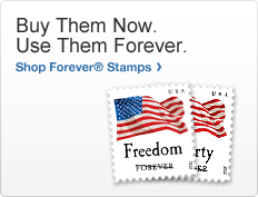 立即购买。终生享用。购买 Forever® 邮票。两张邮票上的图片为印有“Freedom”（自由）字样（线条划过字样 Forever，永久）的美国国旗。