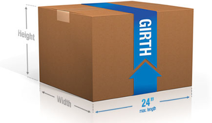 说明最大包裹尺寸的纸板包装盒。单词“最大长度”和“24 英寸”标于左前角到左后角。单词“宽度”标于左前角到右前角。单词“高度”标于底部到顶部。单词“周长” 环绕该包裹一周。