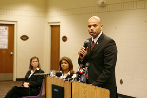 DOJ CFBNP Director Eugene Schneeberg at a Youth Violence Prevention press conference in Detroit, Michigan.