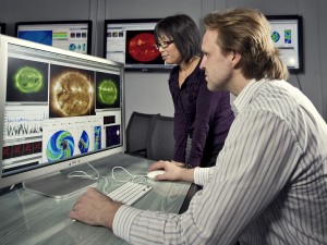 Chief space weather forecasters Yihua Zheng and Antti Pulkkinen are helping to implement a computer technique — ensemble forecasting — that will improve NASA’s ability to predict the path and impact of severe solar storms. (Photo: NASA/Chris Gunn)