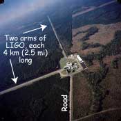 Aerial photo of LIGO showing two long arms at right angles.