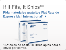 If It Fits, It Ships®. Pedir Materiales gratuitos Flat Rate (tarifa fija) para Express Mail International®. Artículos que se pueden enviar por correo de hasta 20 libras. Imagen de cajas para Express Mail.