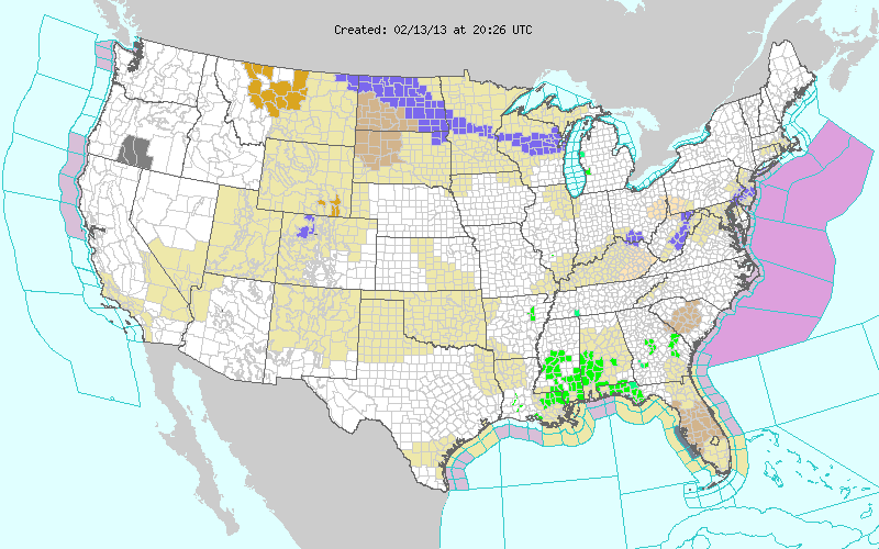 This image displays watches, warnings, statements and advisories issued by the National Weather Service